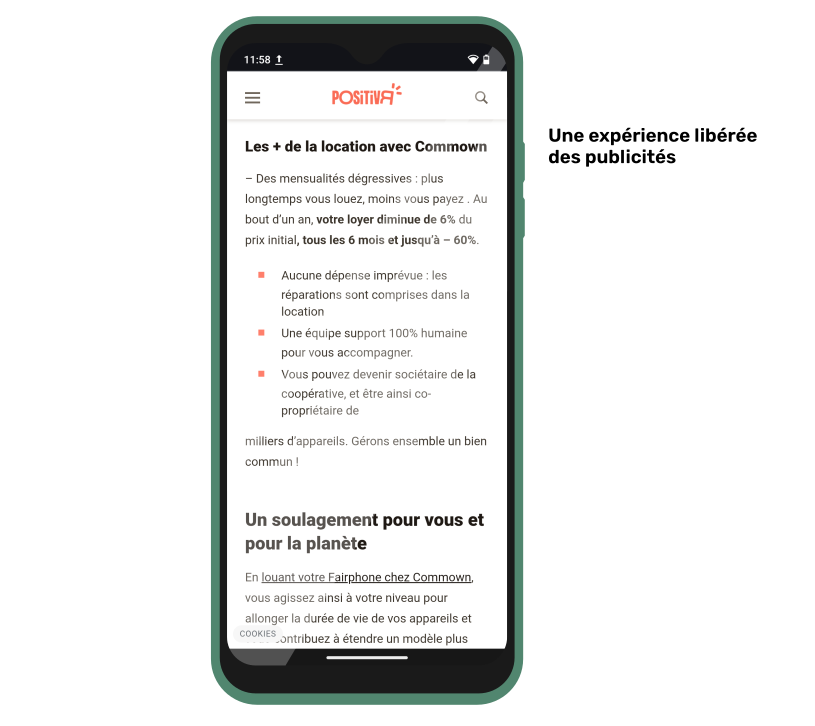 Capture d&rsquo;écran schématisée d&rsquo;un article de Positiv&rsquo;R vu en navigateur mobile sur un Fairphone 6 sous /e/OS.